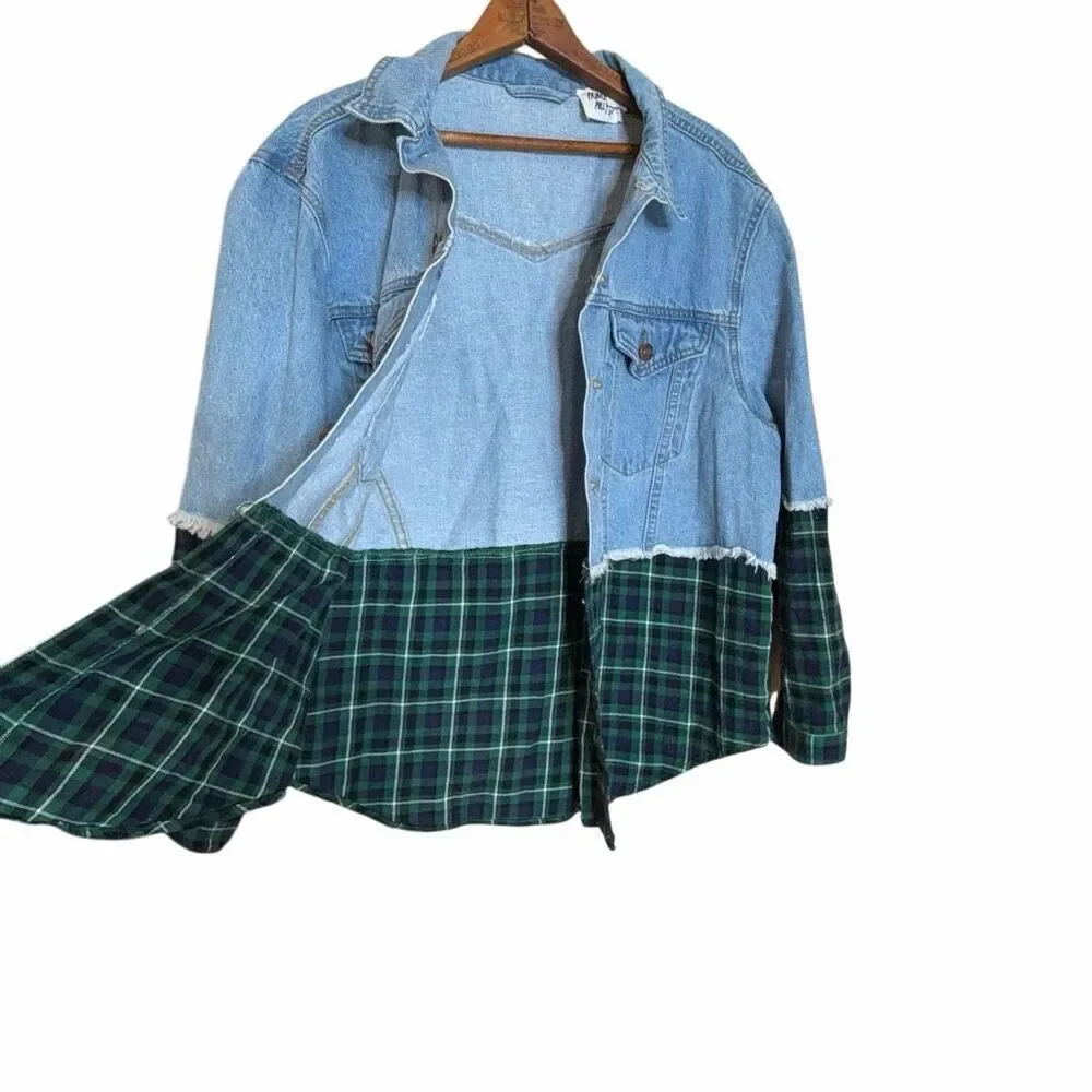 Princess Polly Mixed Media Denim & Flannel Larkin Jean Jacket Blue Green S/M‎